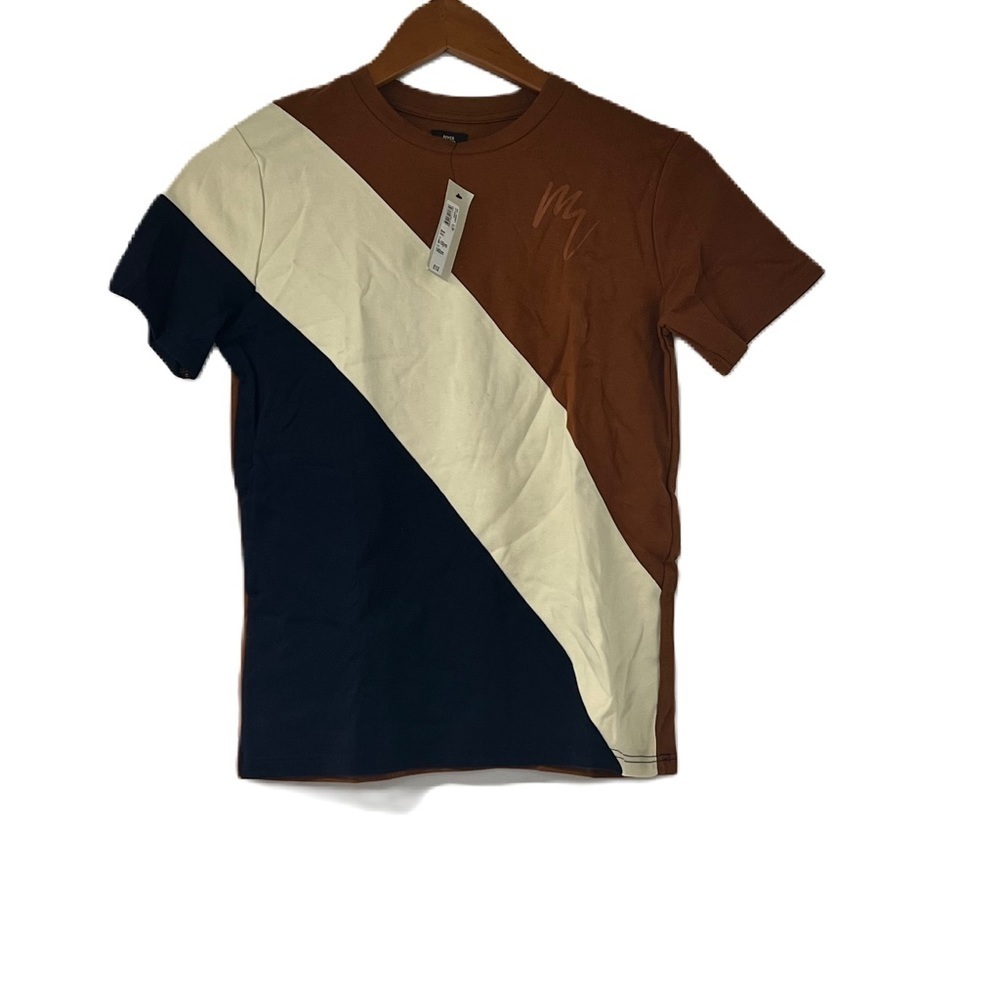 River Island boys shortsleeve brown black beige modern striped Tshirt sz 4-5 y